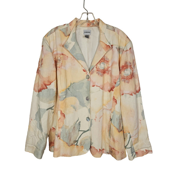 VTG Chicos 3 Linen Blend Floral Watercolor Blazer Lagenlook Pastel Art Jacket 16 - Picture 1 of 10